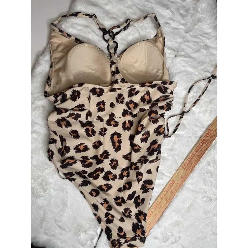 Kona Sol Leopard Print Ruched One Piece Swimsuit Side Tie Detail Size Large - Picture 5 of 8